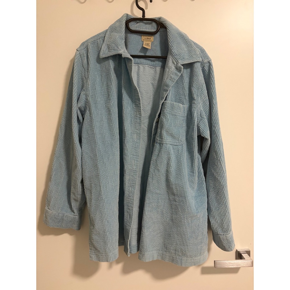 LL Bean Womens Blue Corduroy Button Down Shirt Jacket Large OJ TJ1 Wide Wale